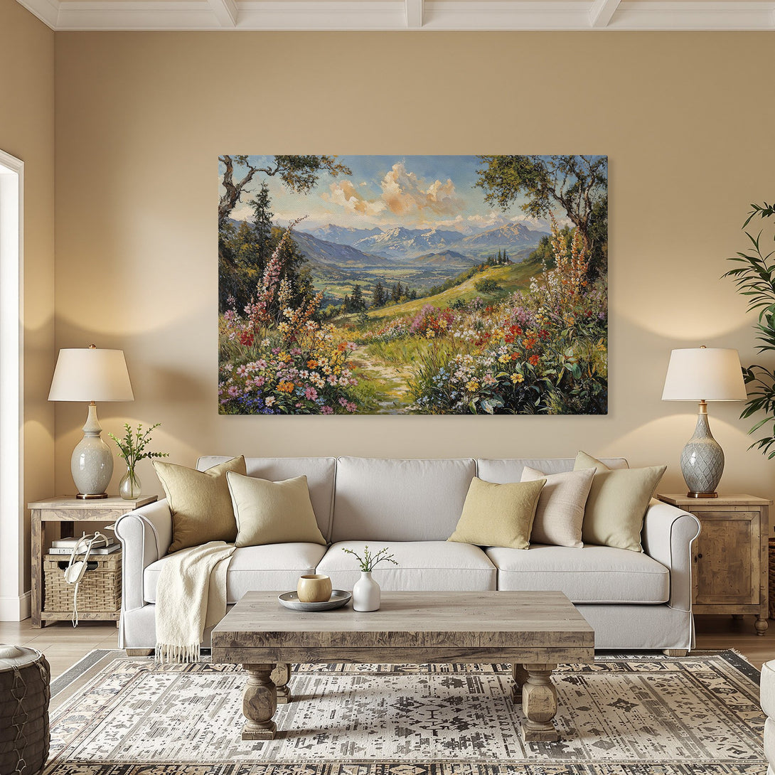 Framed Wall Art: Stunning landscape Canvas Print with colorful wildflowers and mountains. Warm, inviting color palette for any home.