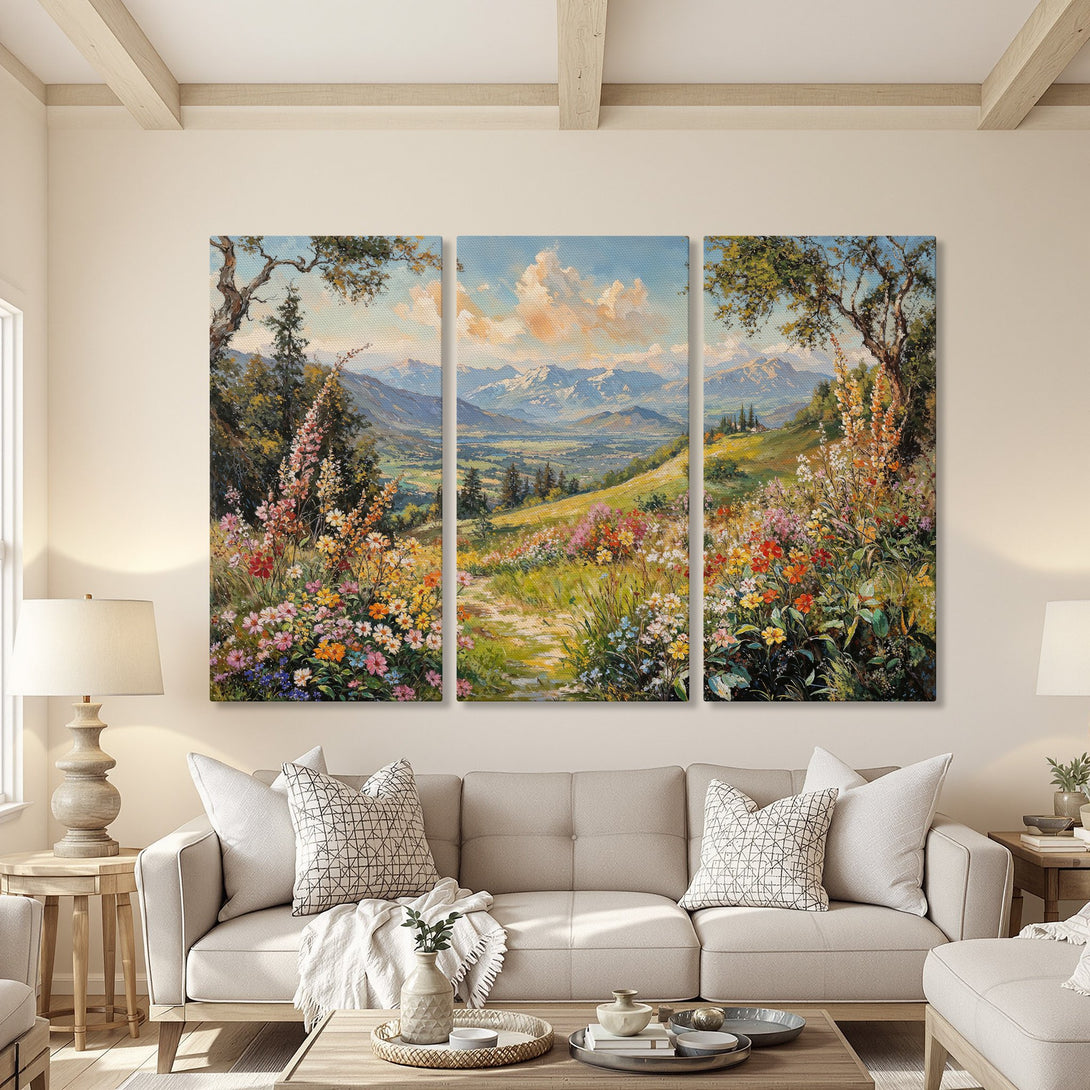 Canvas Print of a vibrant landscape painting with mountains, flowers, and a warm color palette. Perfect wall art for living room decor.