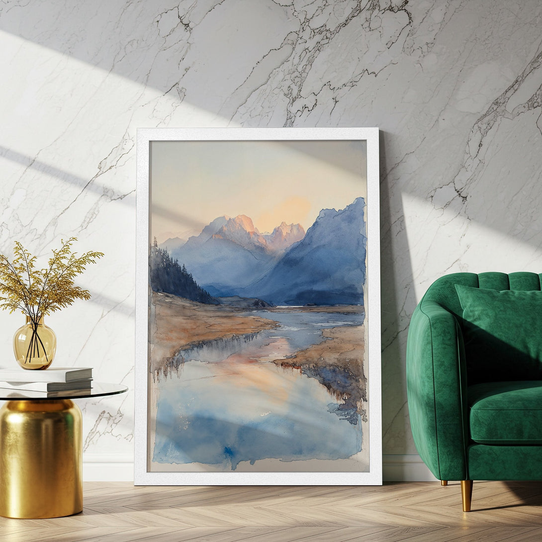 Framed Poster of watercolor mountain landscape in blue, brown, and orange tones. Perfect wall art for your home!