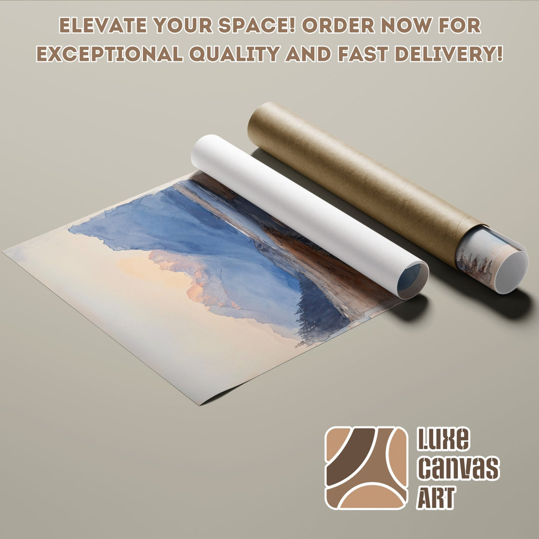 Poster Roll featuring a watercolor landscape in blue and beige tones. Elevate your space with art!