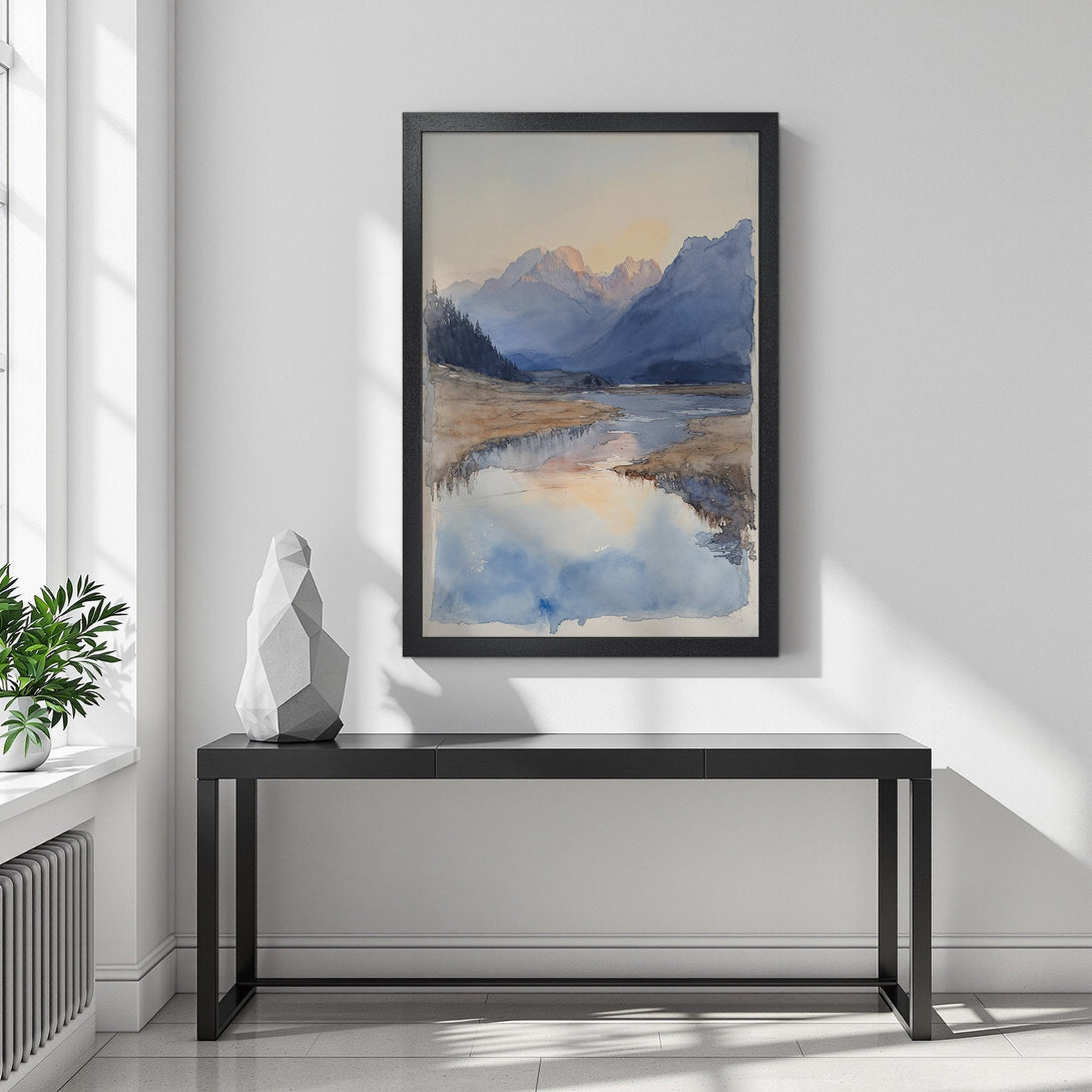 Framed Poster of a watercolor landscape painting. Features mountains, lake, and warm color palette. Perfect wall art for your home.