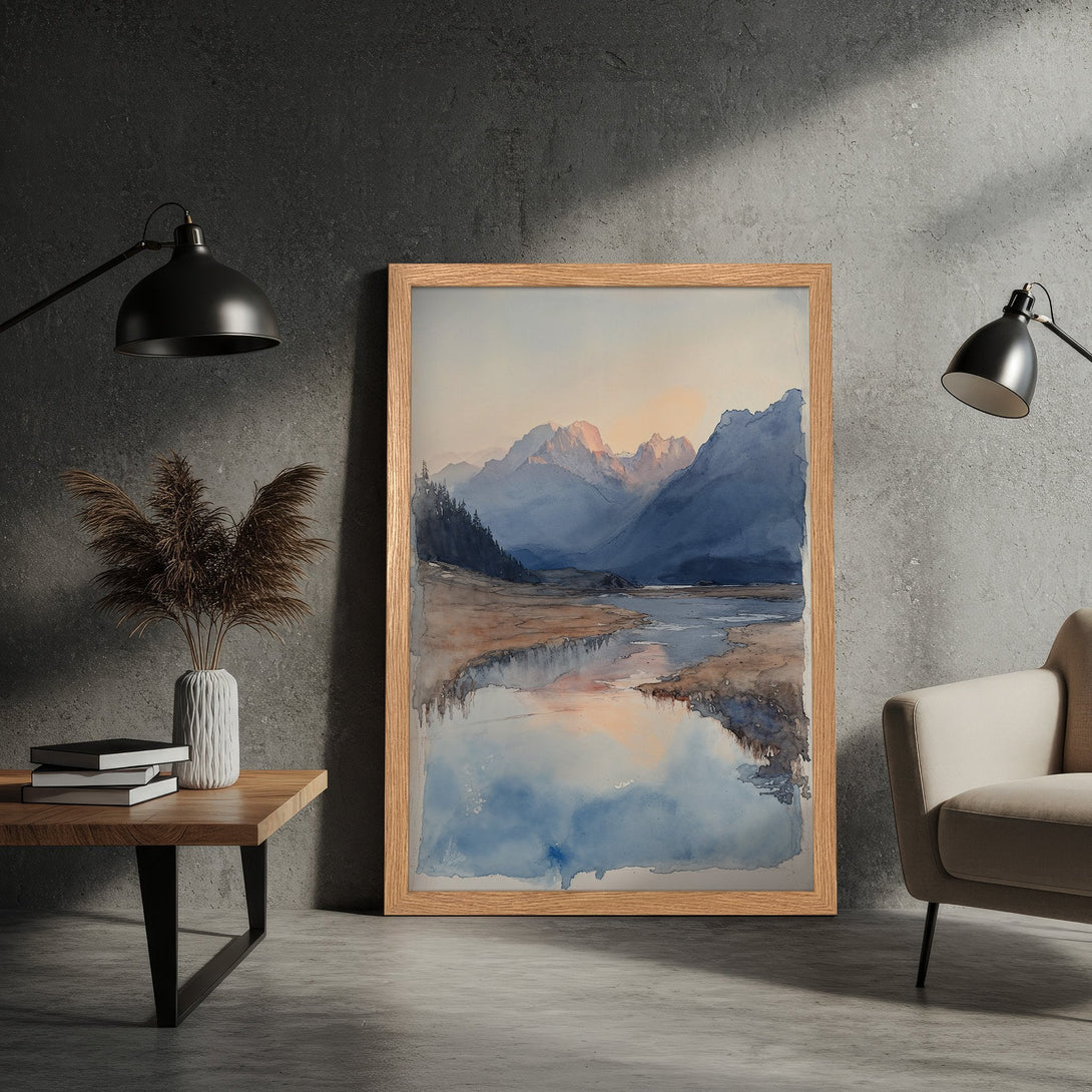 Framed Poster of a watercolor landscape painting in blue and orange hues. Perfect wall art for your home!