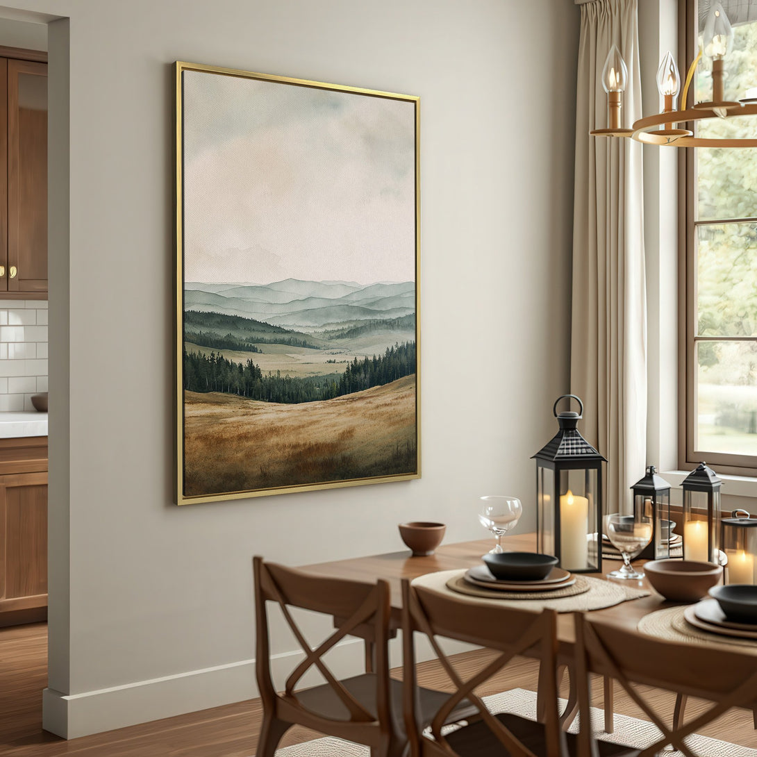 Canvas Print of a serene landscape painting in muted greens and browns. Perfect wall art for a calming interior.