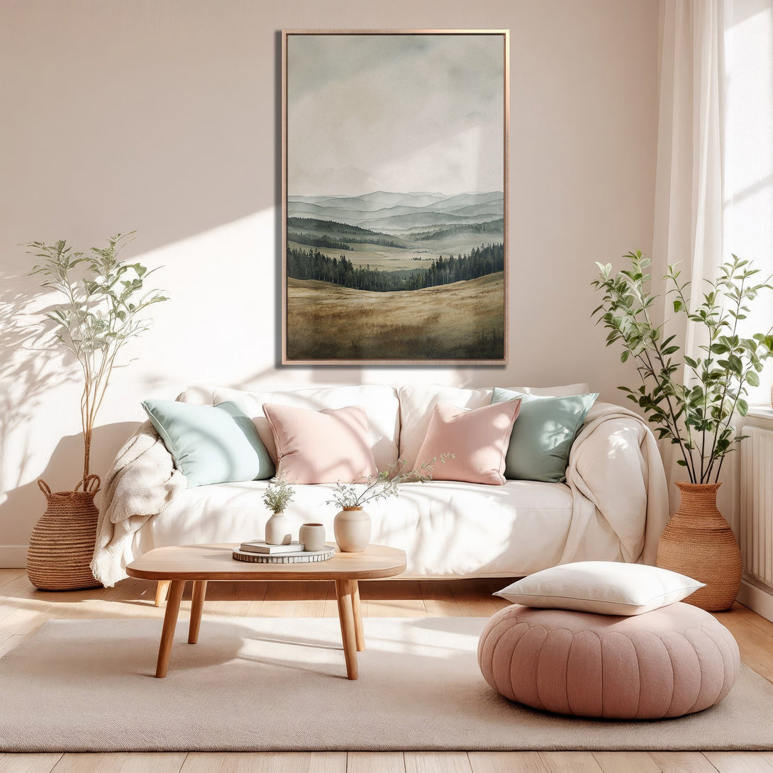 Framed Wall Art: Landscape Canvas Print in neutral tones. Watercolor style artwork with a serene mountain scene, perfect for adding a touch of calm to your space.