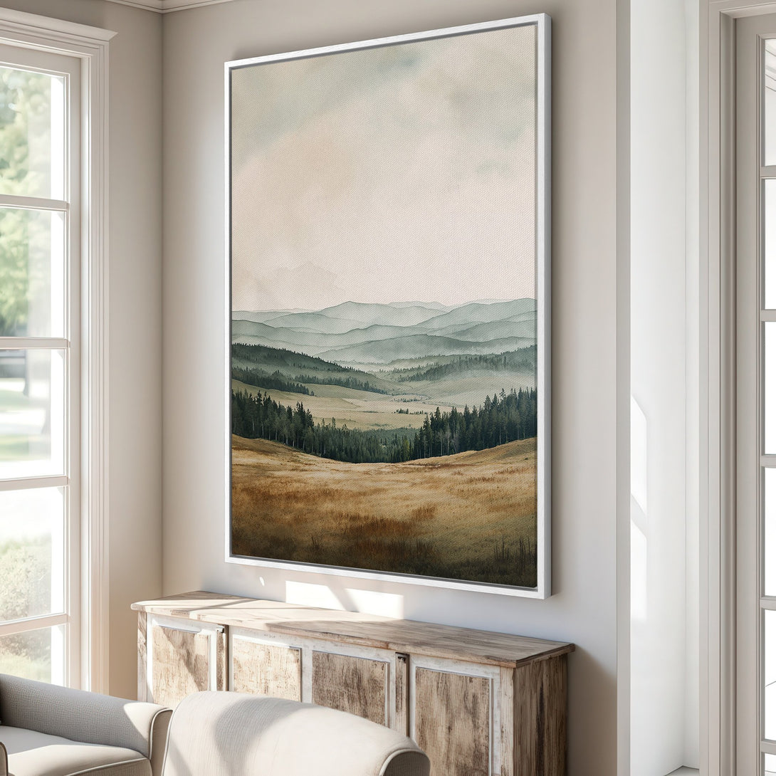 Canvas Print of a serene watercolor landscape in muted green and brown tones, perfect for adding a touch of nature to your home decor.
