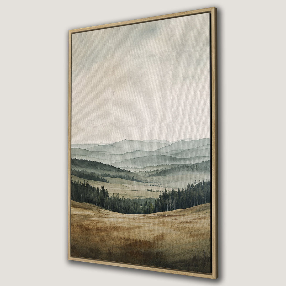 Framed Wall Art: Serene landscape Canvas Print featuring misty mountains and a muted green and brown color palette, perfect for adding a touch of nature to your home.