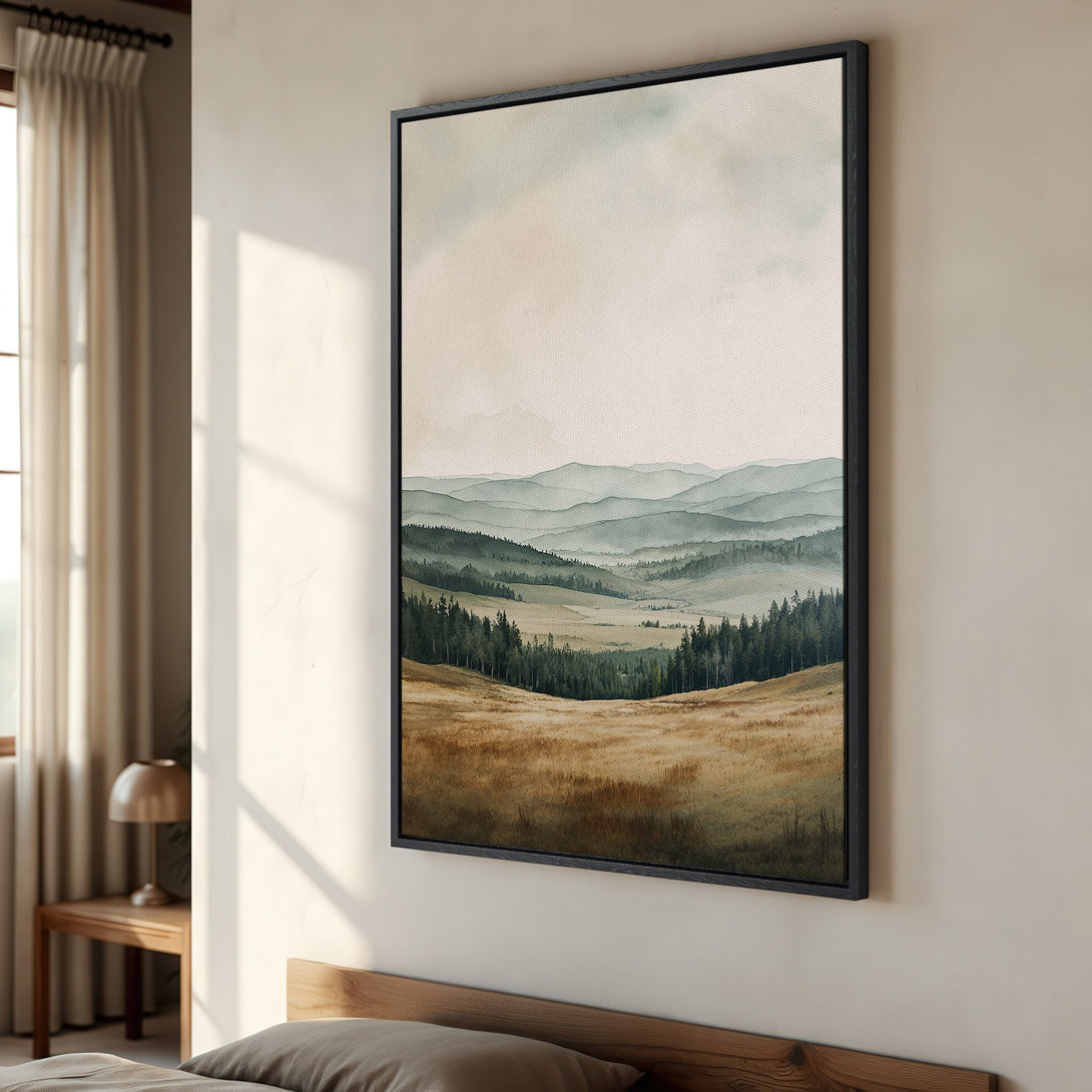 Framed Wall Art: Watercolor landscape Canvas Print in neutral tones. Serene mountain scene perfect for bedroom or living room decor.