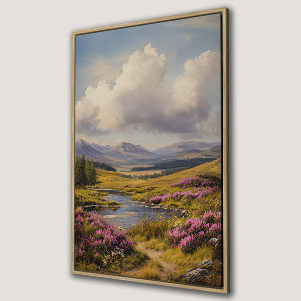 Framed Wall Art: Landscape Canvas Print with vibrant purple flowers, serene river, and mountain view. Earthy tones create a calming aesthetic.