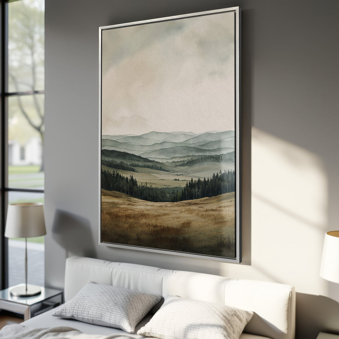 Framed Wall Art: Serene landscape Canvas Print in neutral tones. Features mountain scene with a muted green and brown color palette, perfect for any interior.