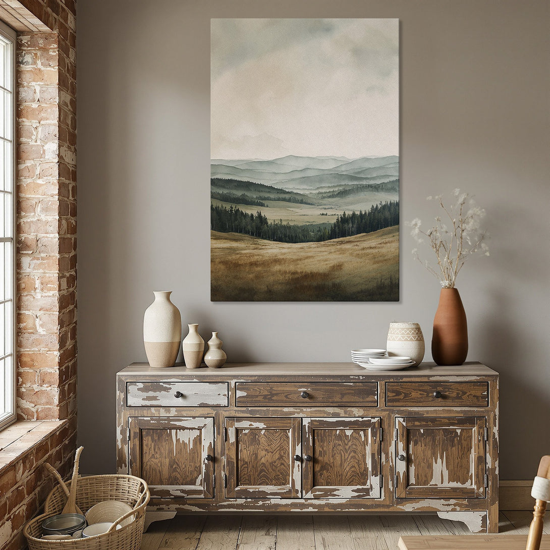 Framed Wall Art: Watercolor landscape print in a dining room. Earthy tones of green, brown, and beige create a serene, natural vibe. Perfect for home decor!