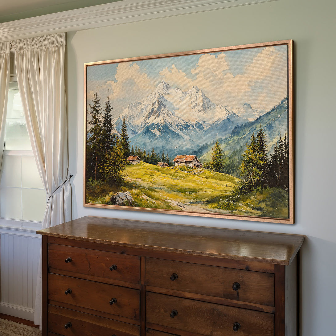 Framed Wall Art: Mountain landscape painting in a rustic style with a warm, earthy color palette, displayed above a wooden dresser.