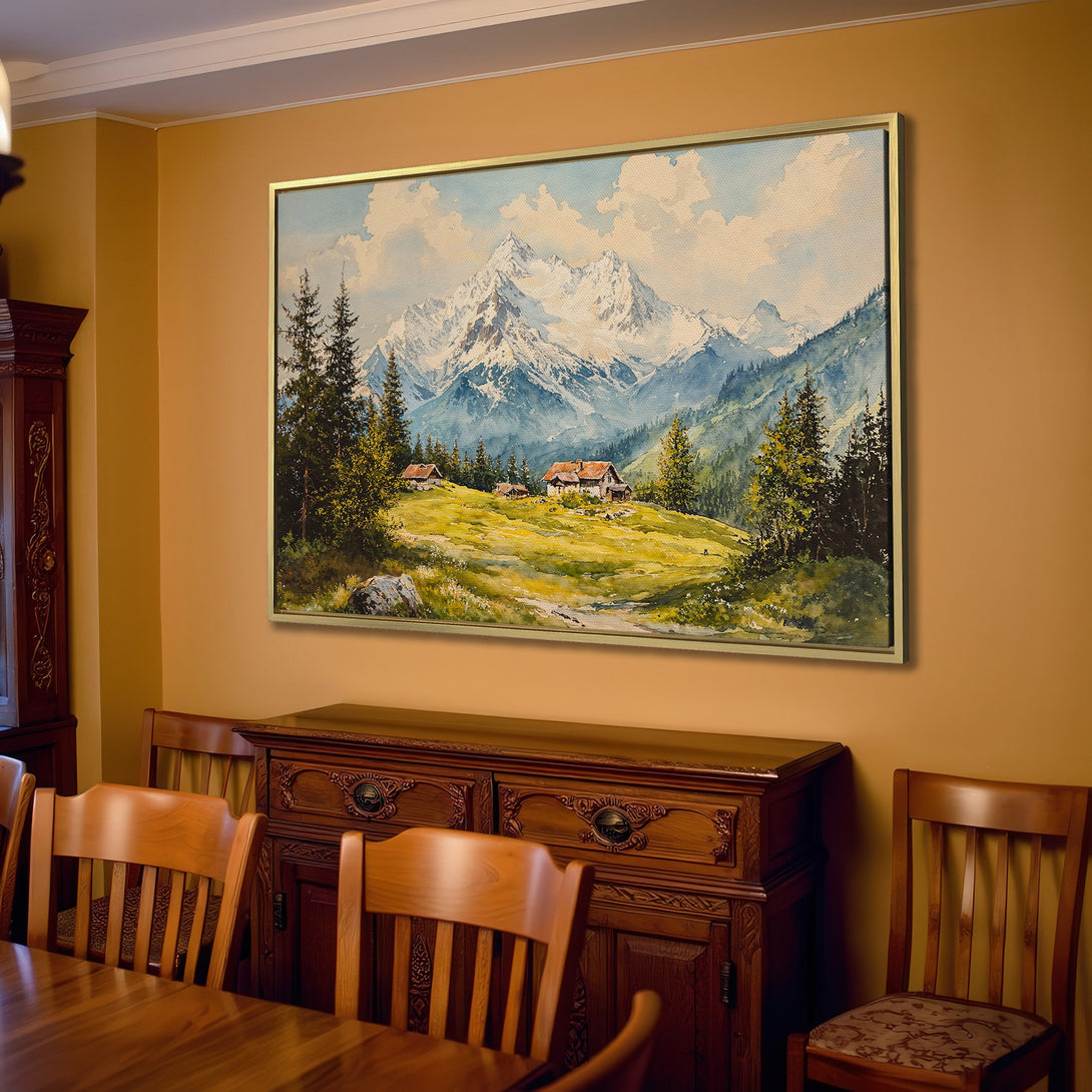 Canvas Print of a mountain landscape in watercolor style, featuring a serene palette of blues, greens, and whites. Perfect wall art for any home.