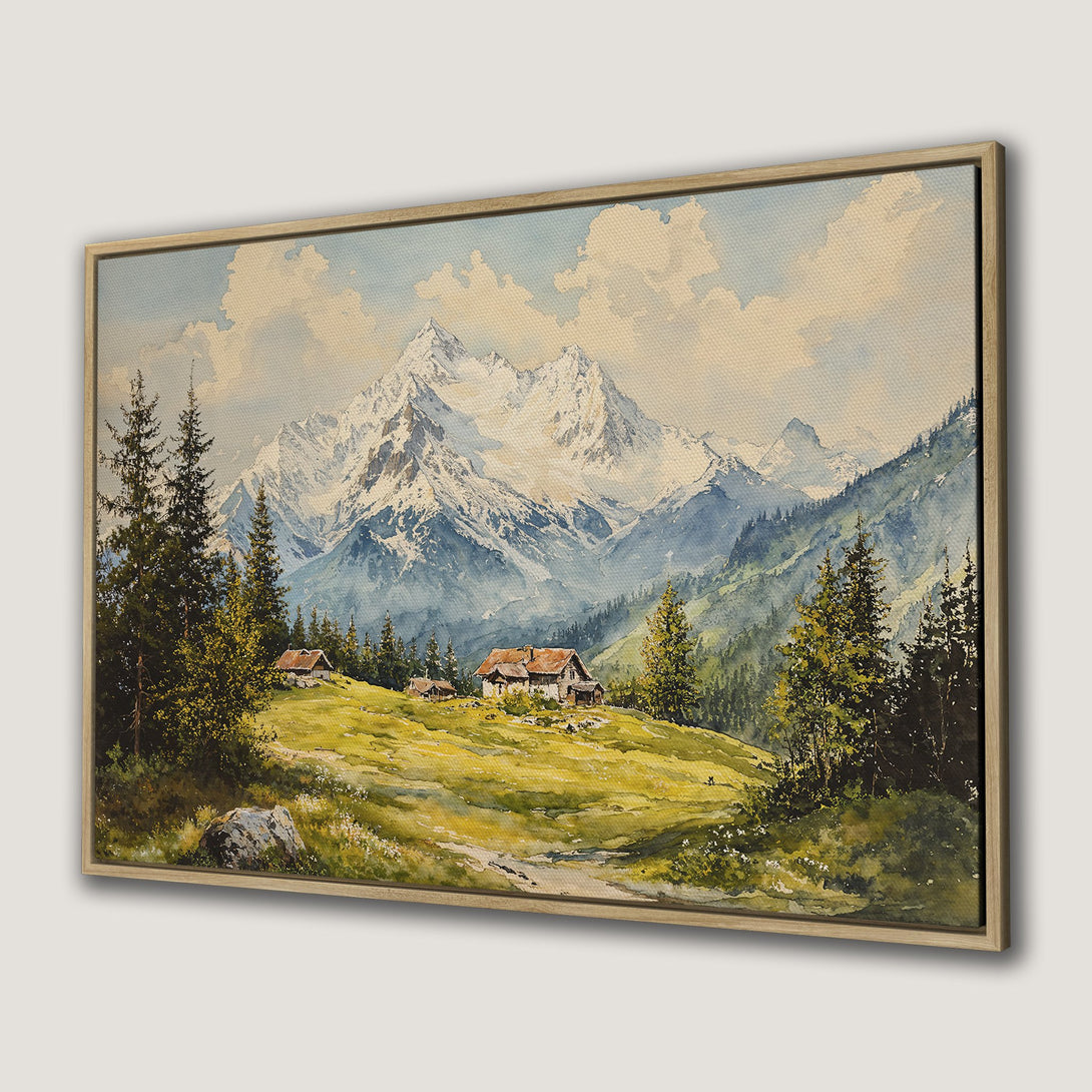 Canvas Print of a serene mountain landscape in watercolor style, featuring snow-capped peaks, lush green hills, and a rustic cabin. Earthy tones.