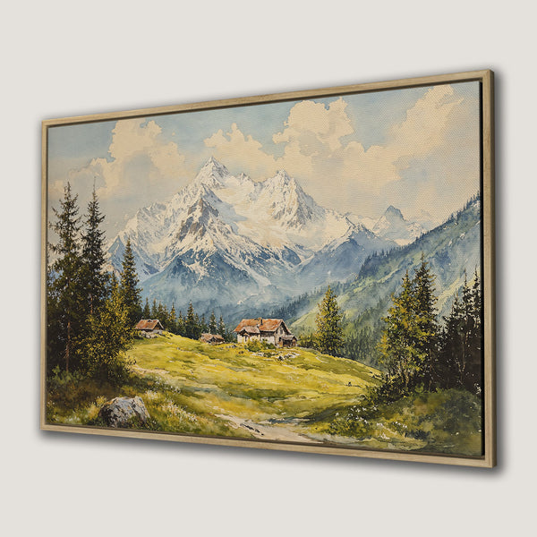 Canvas Print of a serene mountain landscape in watercolor style, featuring snow-capped peaks, lush green hills, and a rustic cabin. Earthy tones.