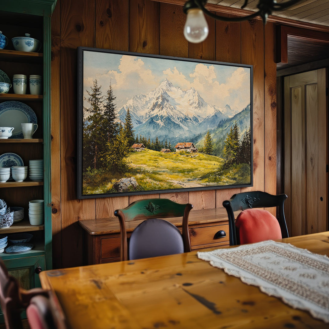 Framed Wall Art: Mountain landscape canvas print with a warm, inviting color palette. Perfect for adding a touch of nature to your home decor.