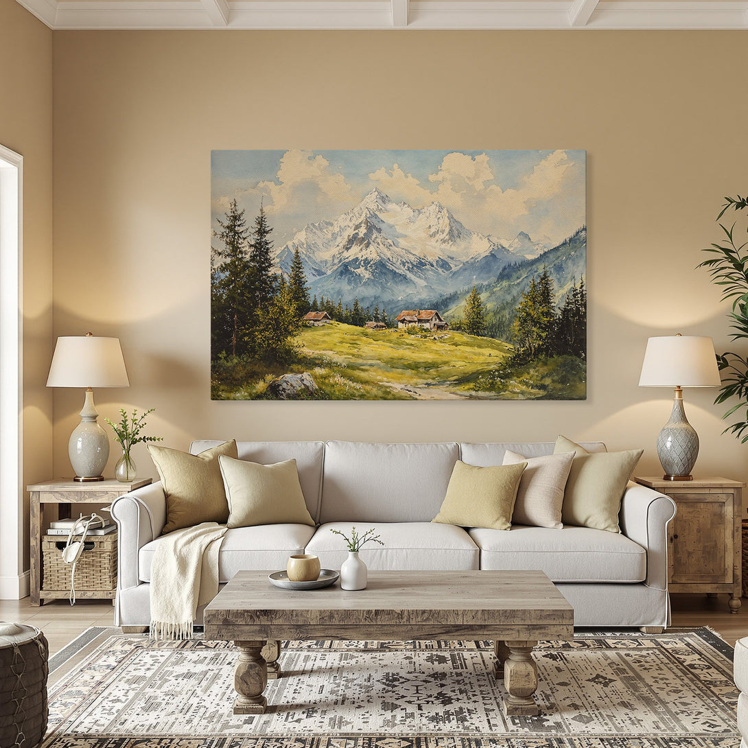 Framed Wall Art: Watercolor landscape Canvas Print with mountain scene, blue, green, and yellow palette, perfect for home decor.