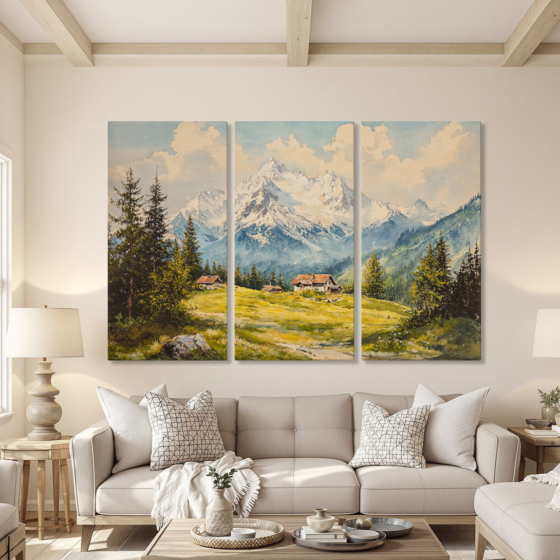 Canvas Print of a mountain landscape painting in a watercolor style with a cool blue and green color palette. Adds a touch of nature to your home!