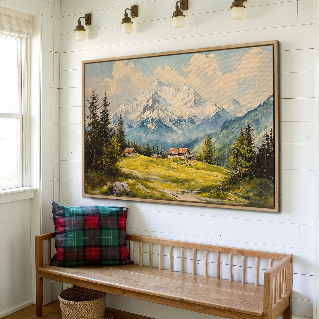 Framed Wall Art: Mountain landscape canvas print in a rustic interior. Featuring a watercolor style with blue, green, and yellow hues. Perfect for home decor.