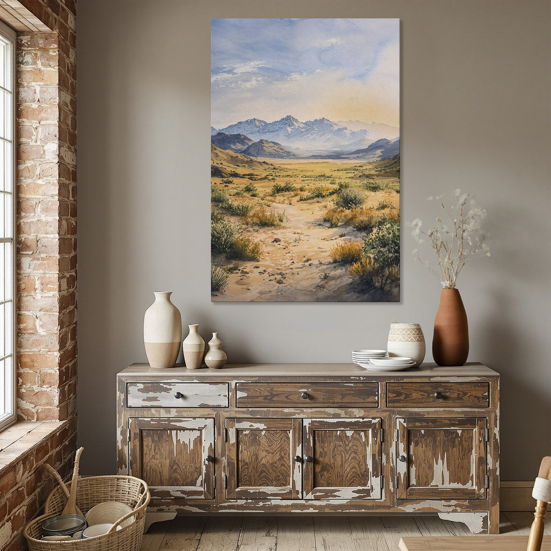 Framed Wall Art: Watercolor landscape Canvas Print with mountains, warm earth tones, and a touch of blue. Perfect for adding rustic charm to your home.