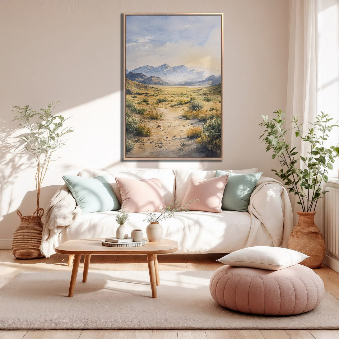 Framed Wall Art featuring a serene watercolor landscape in neutral tones. Perfect for adding a touch of calm to your living room decor.