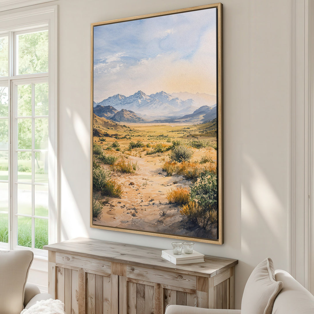 Framed Wall Art: Watercolor landscape Canvas Print with mountains, desert, and blue sky. Earthy tones create a serene, natural aesthetic for home decor.