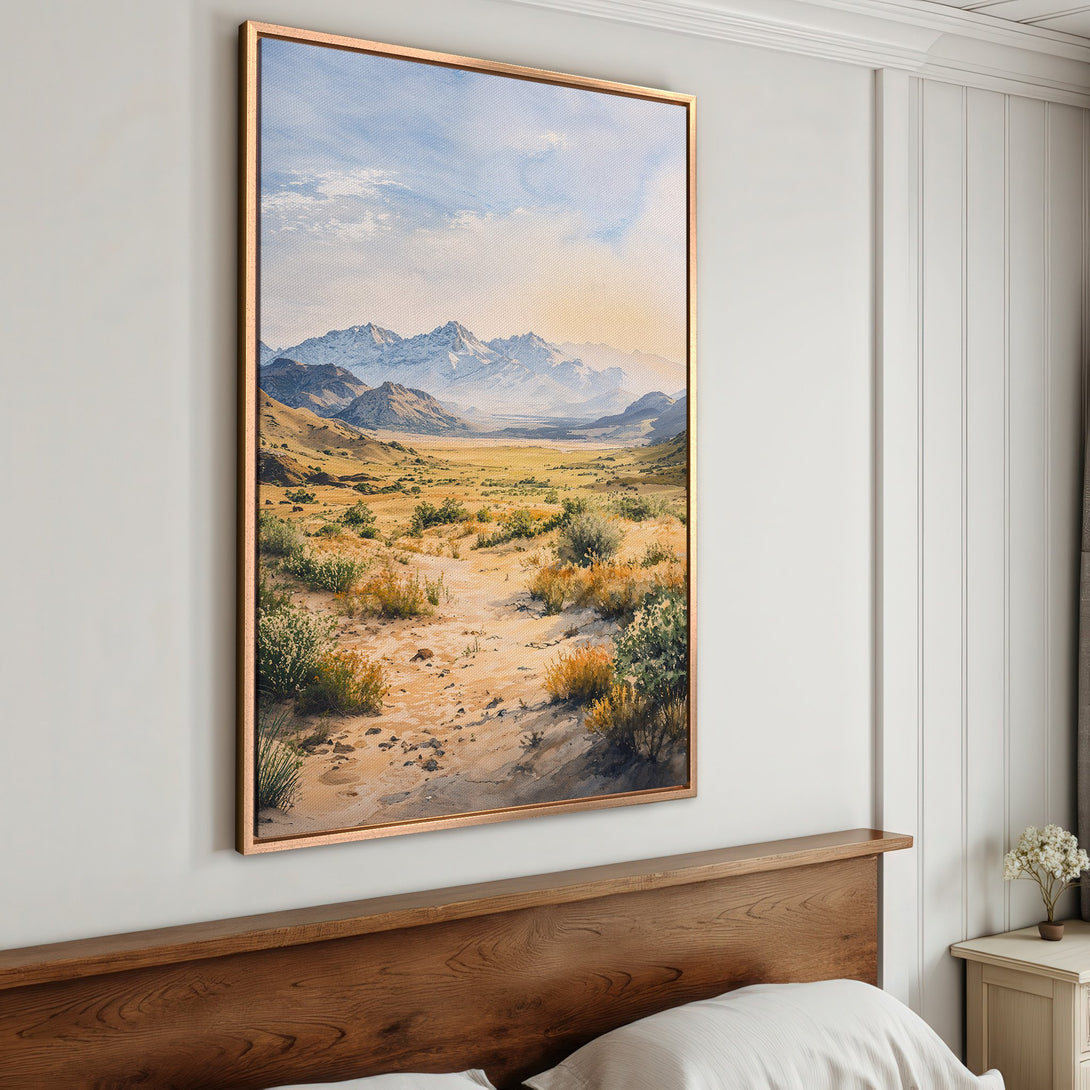 Framed Wall Art: Landscape Canvas Print with mountains, desert scene, and warm color palette. Perfect for adding a touch of nature to your home decor.