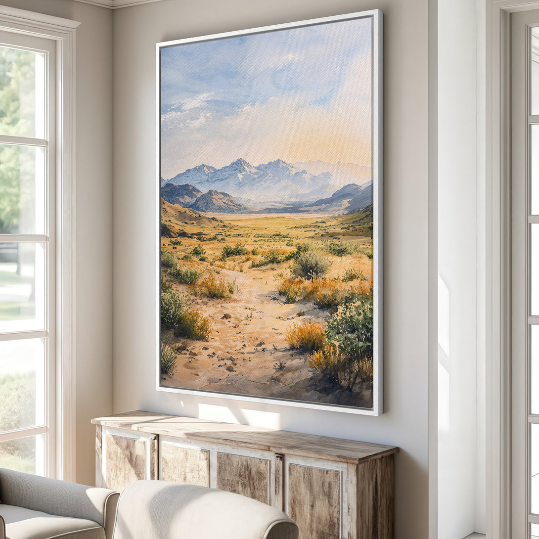 Framed Wall Art: Watercolor landscape Canvas Print with mountains, desert scene, and warm earth tones. Perfect for living room decor.