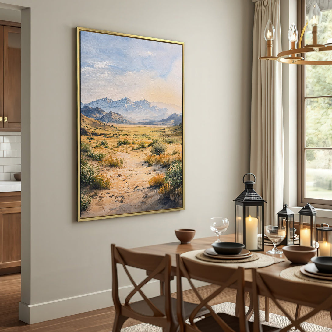 Canvas Print of a serene mountain landscape in watercolor style, featuring earthy tones of beige, green, and blue. Perfect wall art for any space.