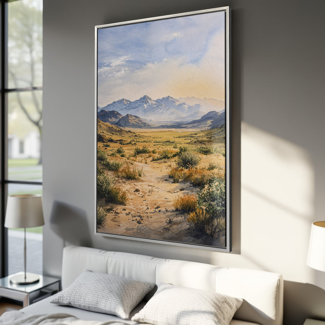 Framed Wall Art: Watercolor landscape Canvas Print with mountains, desert, and warm earth tones. Perfect for adding a touch of nature to your home decor.