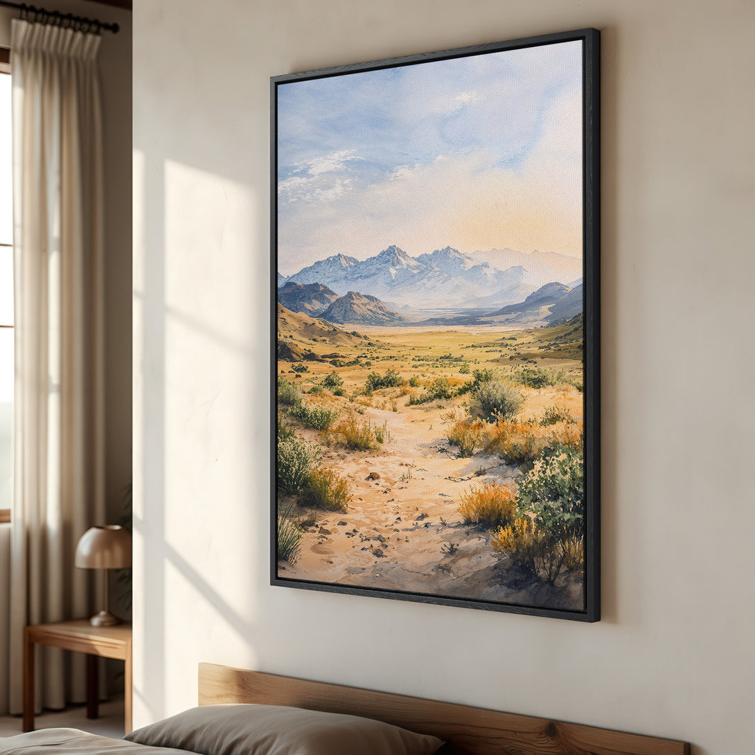 Framed Wall Art: Watercolor landscape Canvas Print with mountains and desert in warm, earthy tones. Perfect for adding a touch of nature to your home.