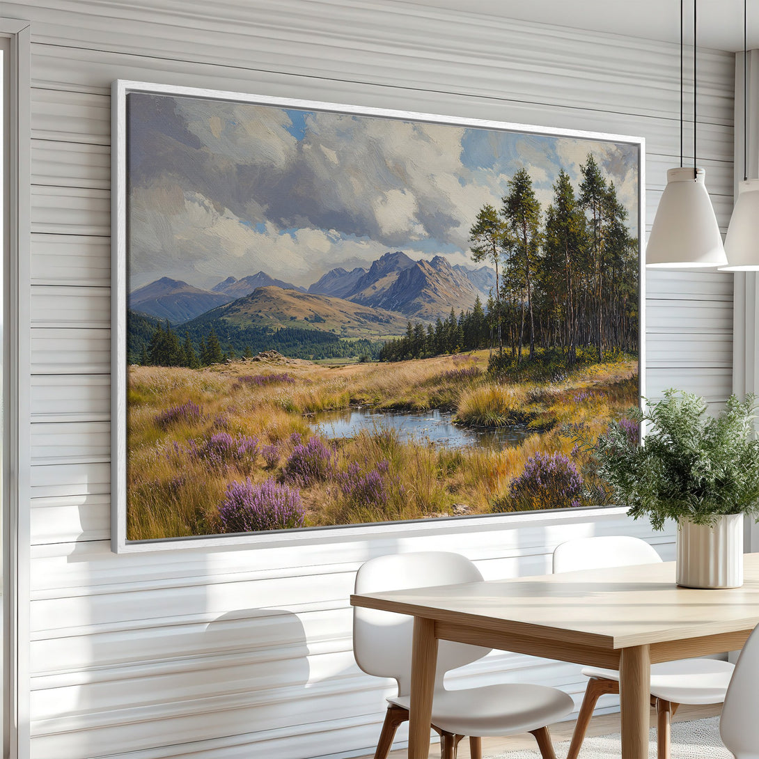 Framed Wall Art: Landscape painting of mountains and a lake in warm tones. Enhance your home decor with this beautiful canvas print.
