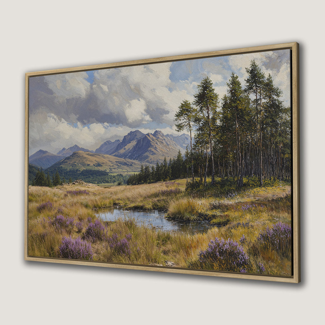 Framed Wall Art: Landscape painting of mountains & forest in a warm color palette. Bring nature indoors with this beautiful canvas print!