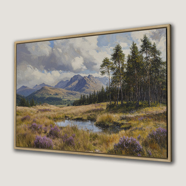 Framed Wall Art: Landscape painting of mountains & forest in a warm color palette. Bring nature indoors with this beautiful canvas print!