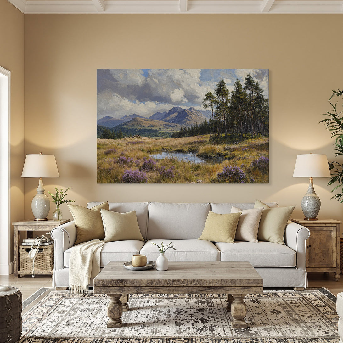 Framed Wall Art of a serene landscape with mountains, trees, and a pond. Warm, earthy tones with pops of purple. Perfect for adding a touch of nature.