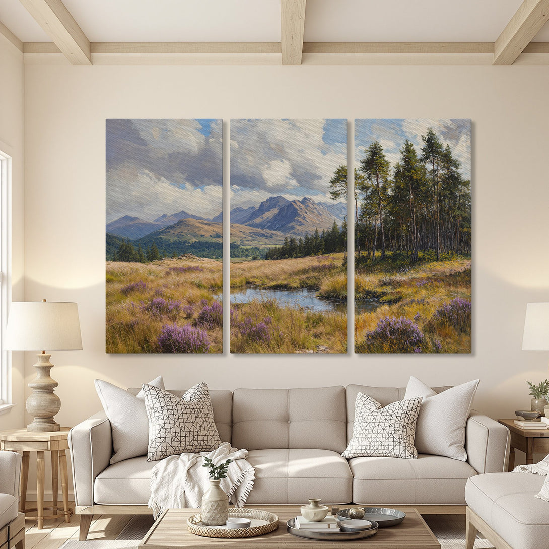 Canvas Print of a serene landscape painting with mountains and a pond. Warm, natural color palette enhances any living room.