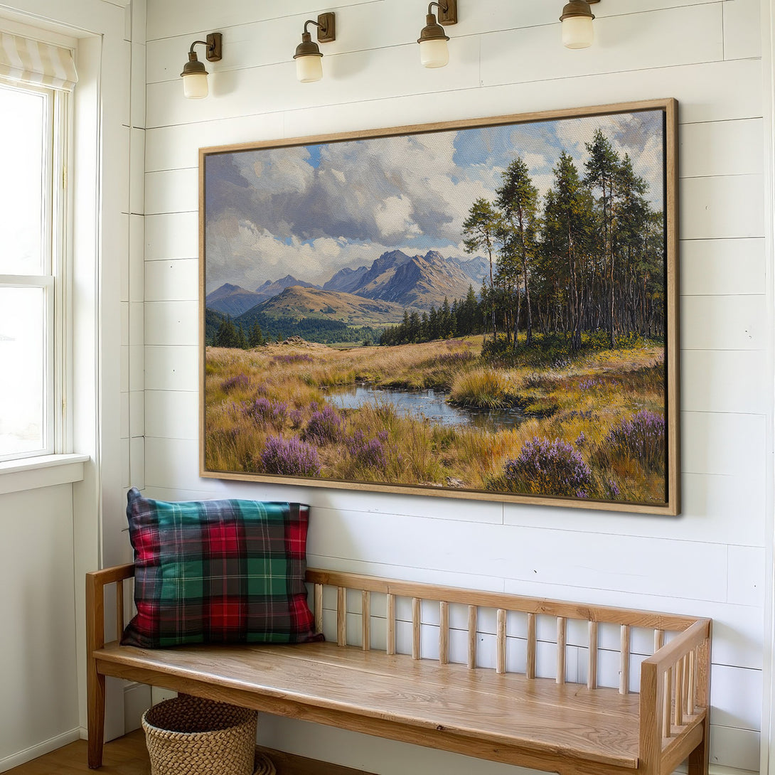 Framed Wall Art: Landscape Canvas Print with mountains, trees, and a pond. Earthy tones of green, gold, and blue create a serene, rustic aesthetic.