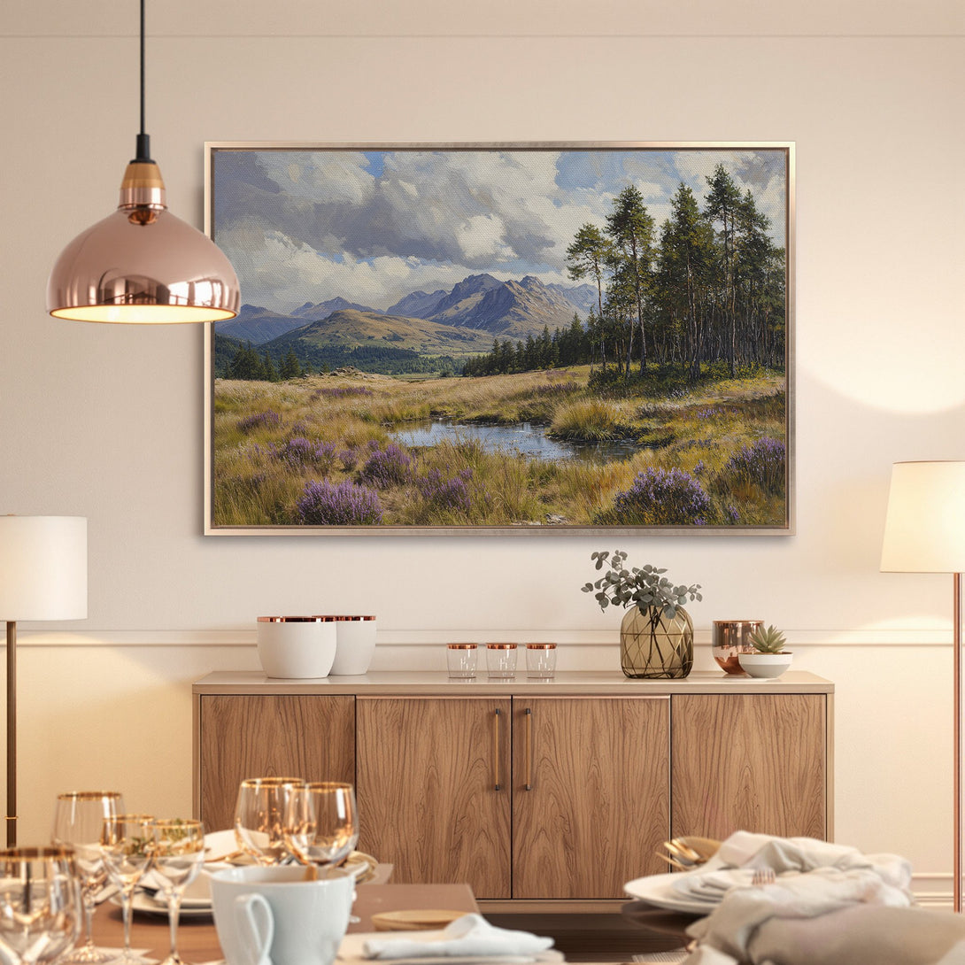 Framed Wall Art: Landscape Canvas Print featuring a serene mountain scene in a warm, earthy color palette. Perfect for adding a touch of nature to your home.