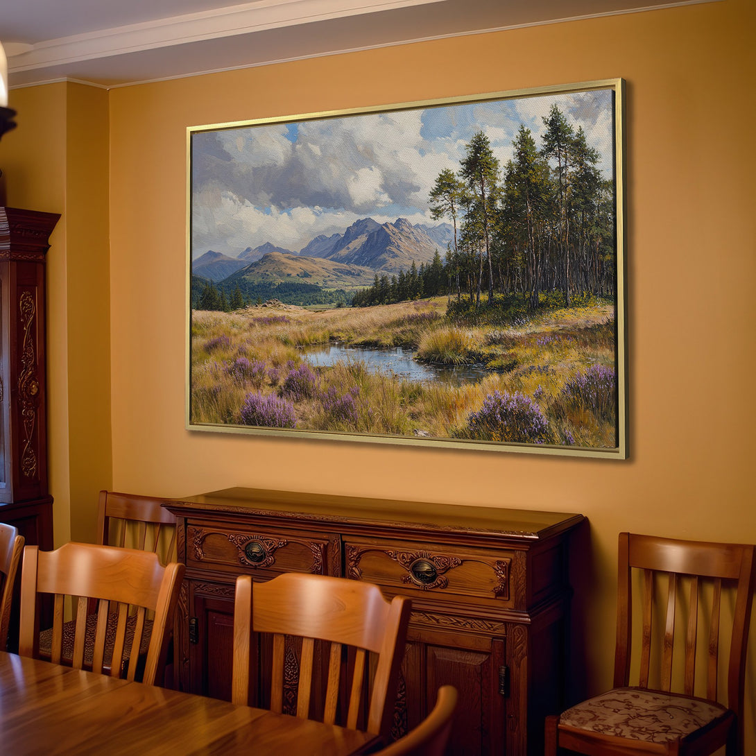 Canvas Print of a serene landscape painting in a warm, neutral-toned living room. Features mountains, a pond, and a natural color palette.