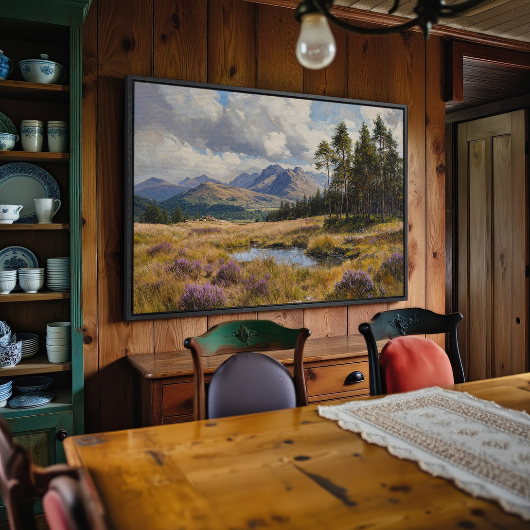 Framed Wall Art: Landscape painting with mountains, trees, and a pond. Earthy tones and cool blues create a serene, rustic aesthetic.