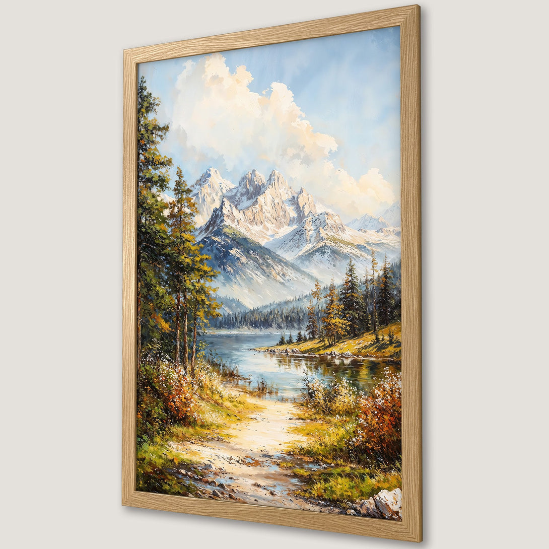 Framed Poster of a mountain landscape painting in a warm, natural color palette. Perfect wall art for your home!
