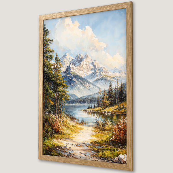 Framed Poster of a mountain landscape painting in a warm, natural color palette. Perfect wall art for your home!