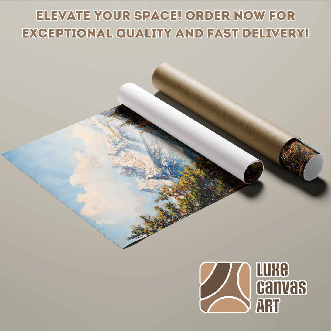 Poster Roll featuring a mountain landscape painting in a classic style with a blue, green, and brown color palette.