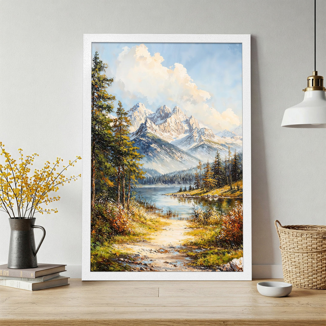 Framed Poster of a serene mountain landscape painting. Classic style with blue, green, and white color palette, perfect for home decor.