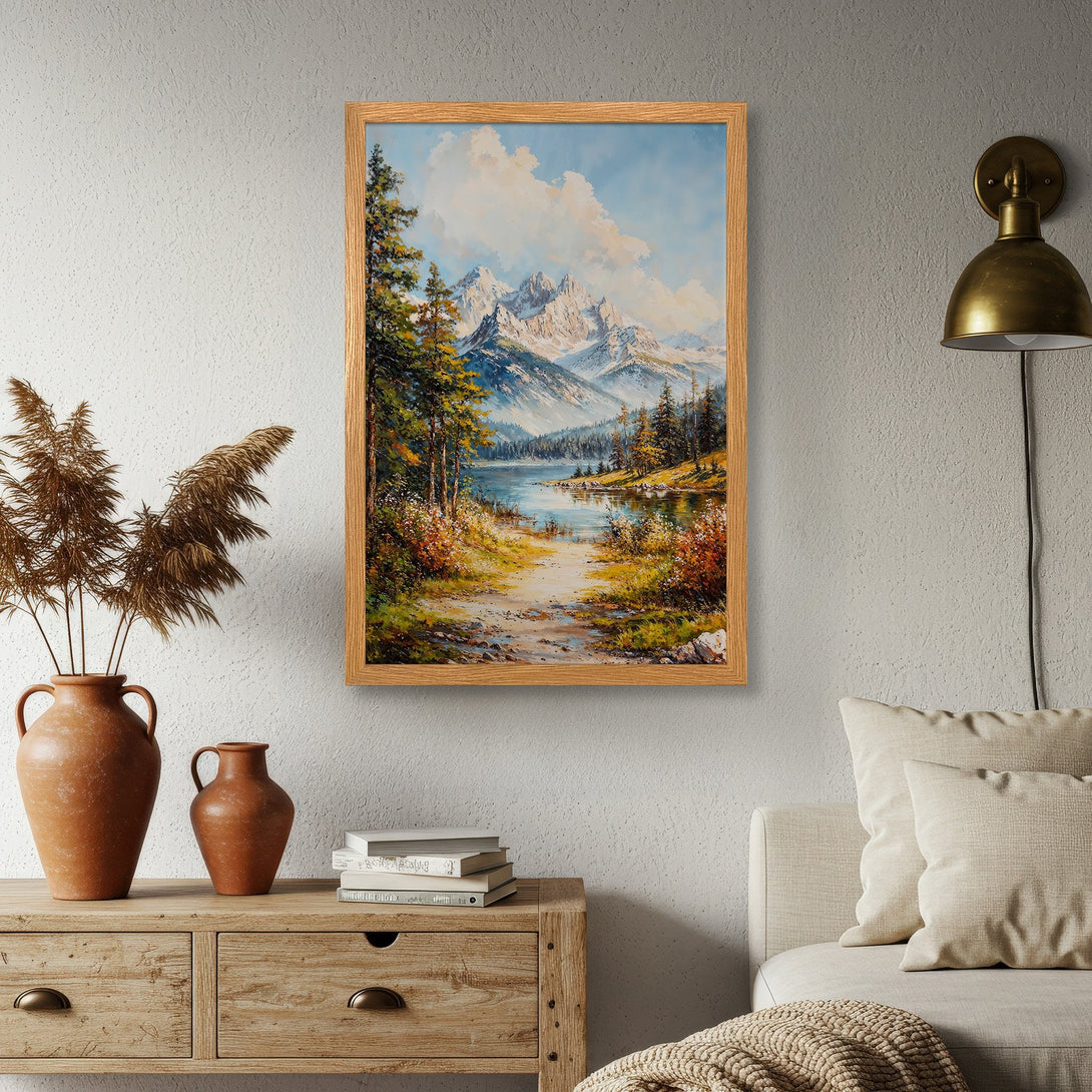 Framed Poster featuring a mountain lake scene in a warm color palette. Perfect wall art to bring nature's beauty into your home.