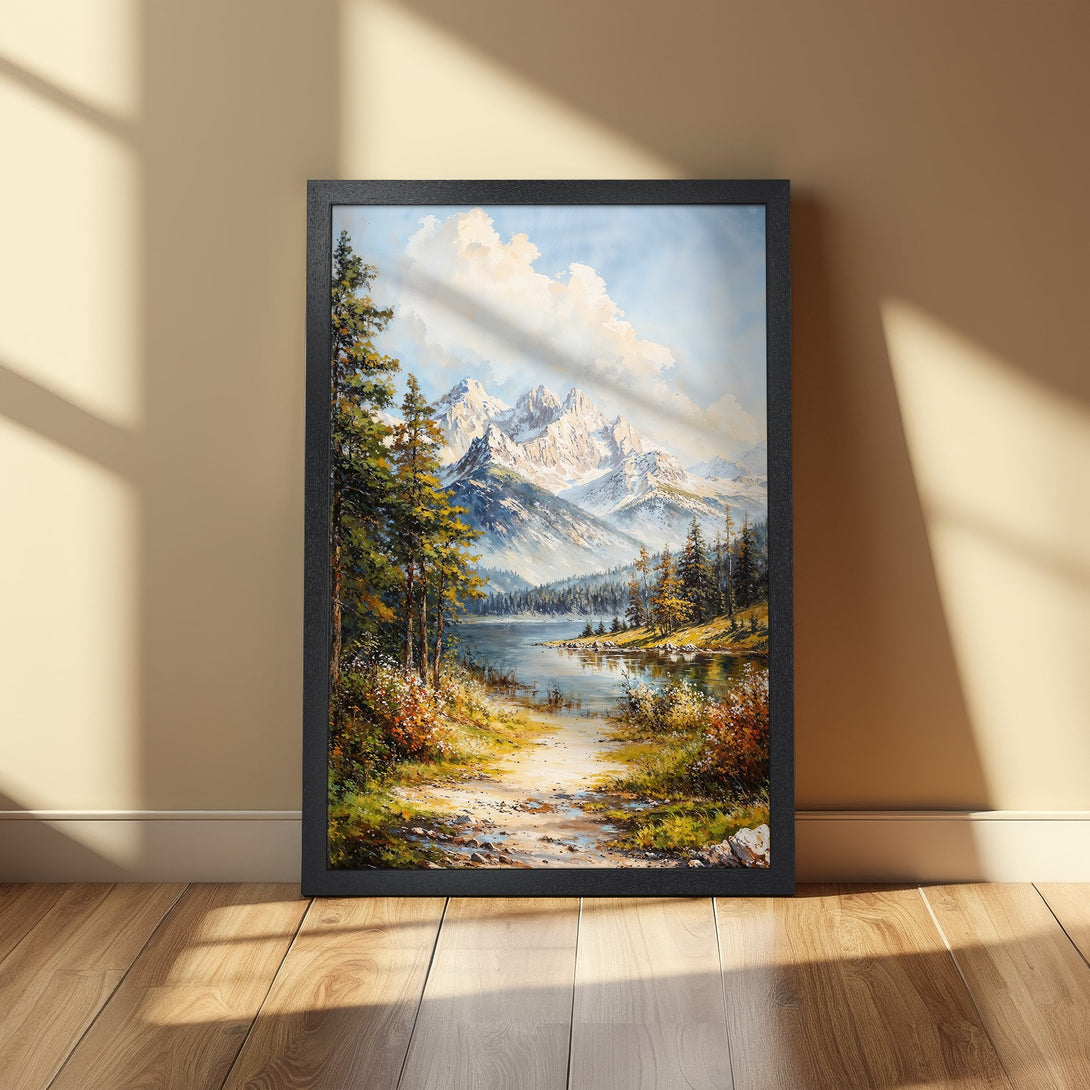 Framed Poster featuring a stunning mountain landscape painting in a warm, natural color palette. Bring nature's beauty home!