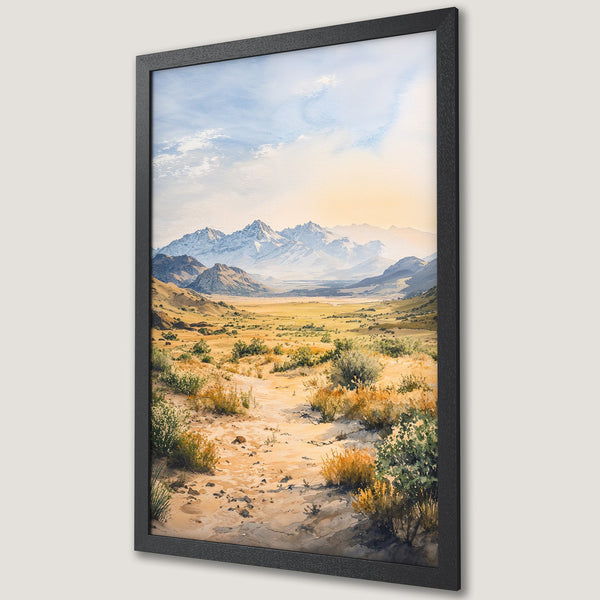 Framed Poster of a watercolor landscape with mountains, desert, & warm color palette. Perfect wall art for any home!