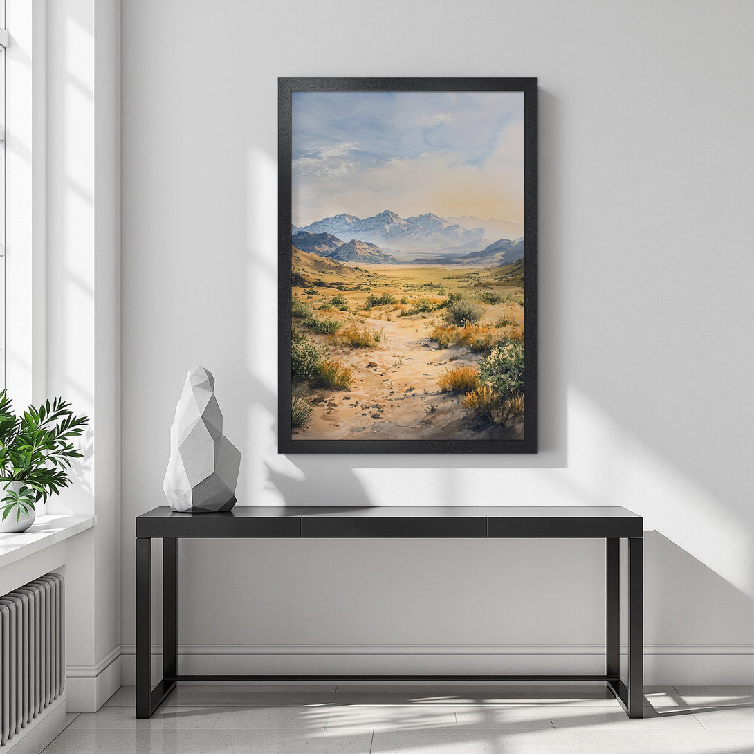 Framed Poster featuring a desert landscape painting in warm earth tones and cool blue sky, perfect art for your home.