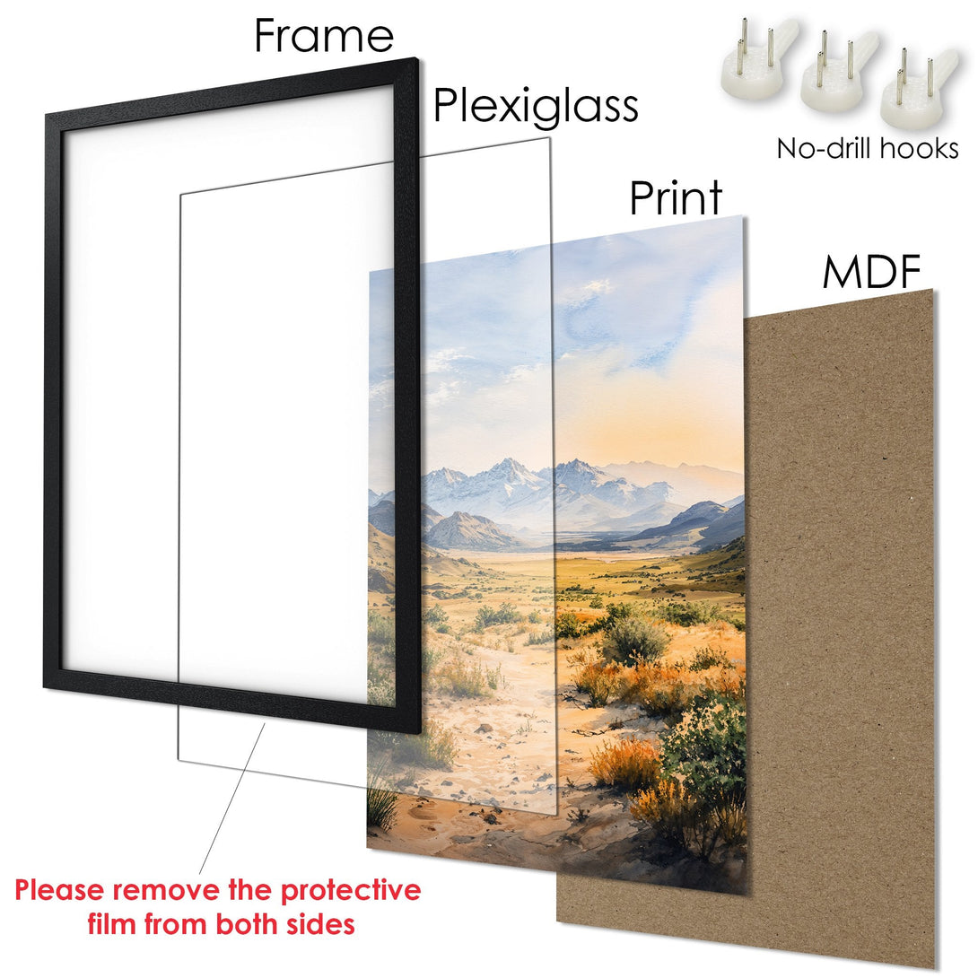 Framed Poster of a mountain landscape in watercolor style, featuring a warm color palette. Perfect wall art!