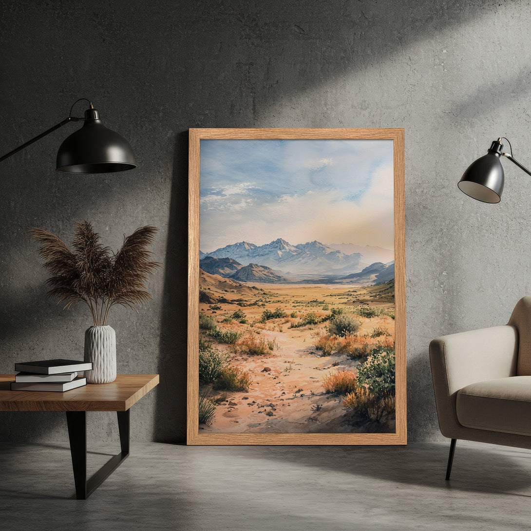 Framed Poster featuring a watercolor landscape of mountains and desert, with a warm, earthy color palette. Perfect wall art!