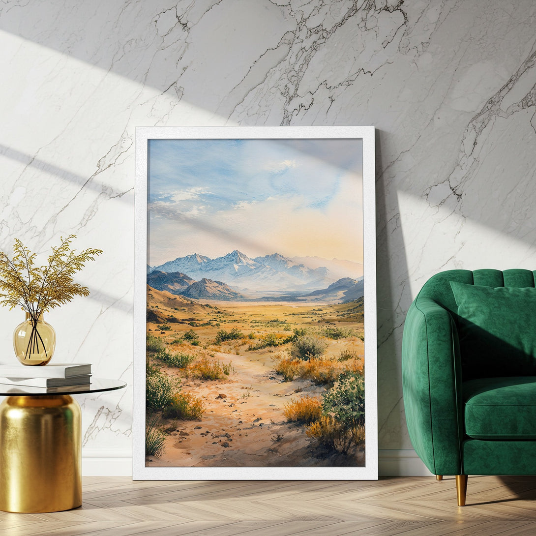 Framed Poster of a serene mountain landscape in watercolor style, featuring earthy tones and cool blues. Perfect wall art!